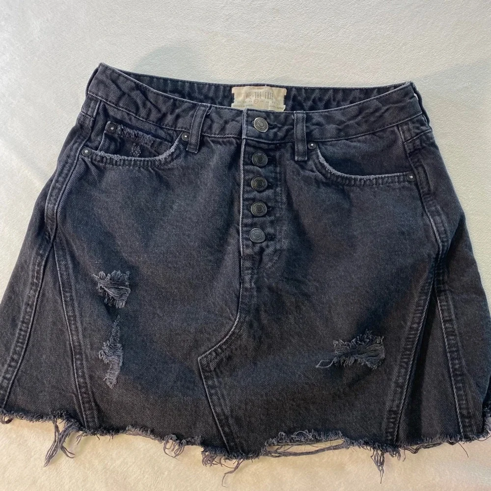 We The Free Denim Mini Skirt Sz 27 A Line Grunge Distressed Hem Black Button Fly